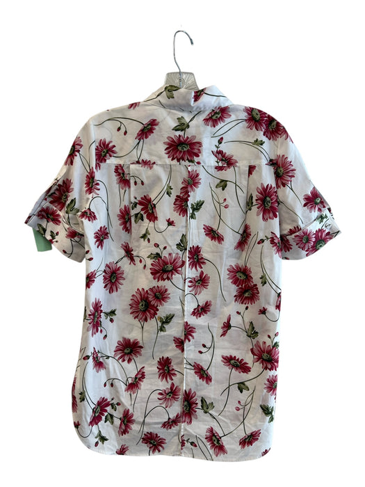 Adam Lippes Size 4 White & Pink Cotton Collared Button Up Short Sleeve Top White & Pink / 4