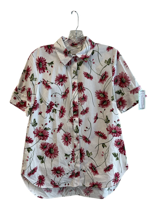 Adam Lippes Size 4 White & Pink Cotton Collared Button Up Short Sleeve Top White & Pink / 4