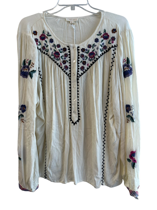 Louise Misha Size Large Cream Viscose Long Sleeve Embroidered Half Button Top Cream / Large
