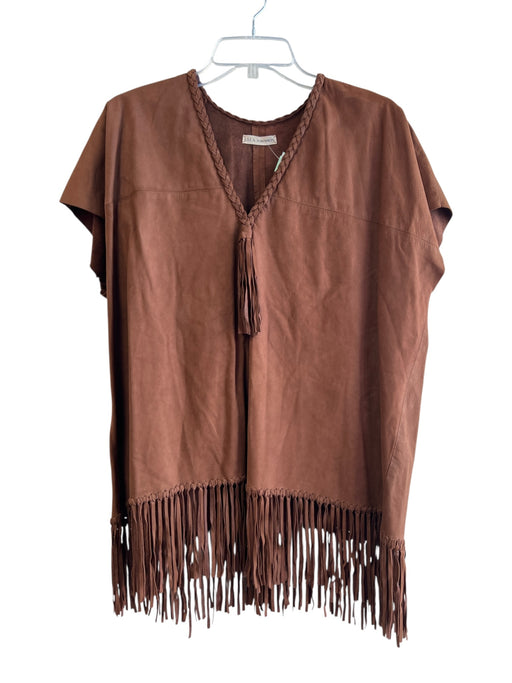 Ulla Johnson Size S Brown Calf Leather V Neck Short Sleeve Fringe Top Brown / S