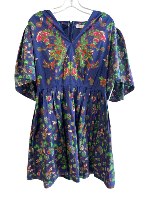 Givenchy Size 36 Navy & Green Cotton floral print V Neck Wide Sleeves Dress Navy & Green / 36