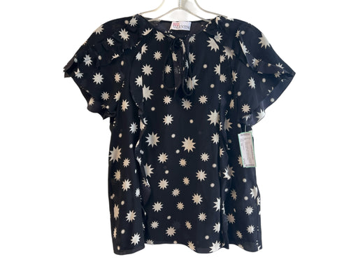 Red Valentino Size XS Black & White Silk V Neck Short Sleeve Ruffle Detail Top Black & White / XS