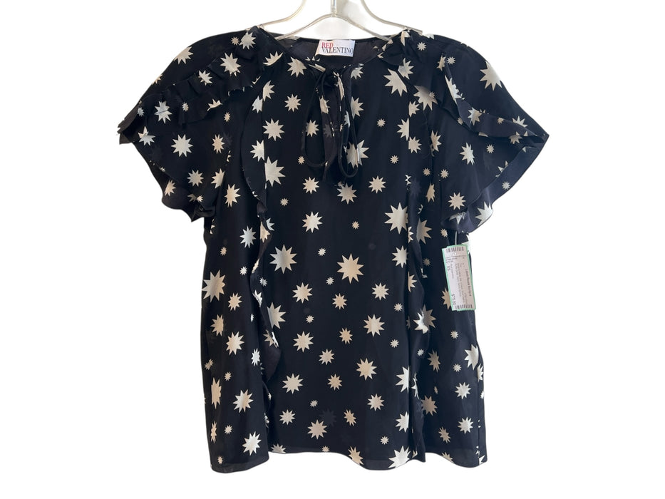 Red Valentino Size XS Black & White Silk V Neck Short Sleeve Ruffle Detail Top Black & White / XS