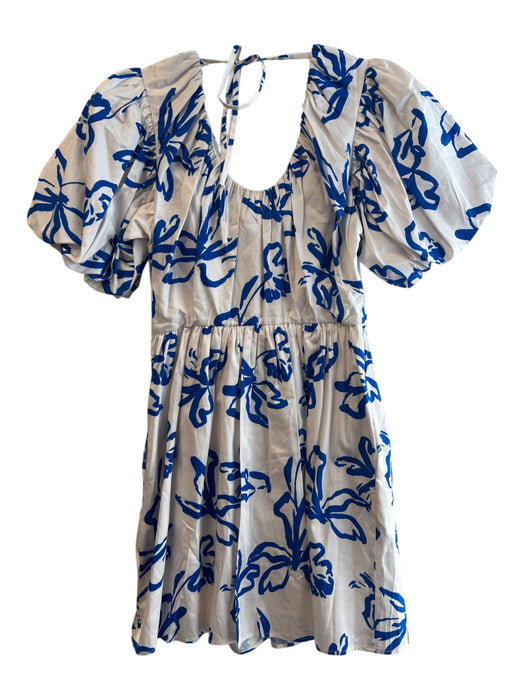 Crosby Size XS White & Blue Cotton V Neck Short Puff Sleeve Knee Length Dress White & Blue / XS