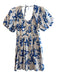 Crosby Size XS White & Blue Cotton V Neck Short Puff Sleeve Knee Length Dress White & Blue / XS