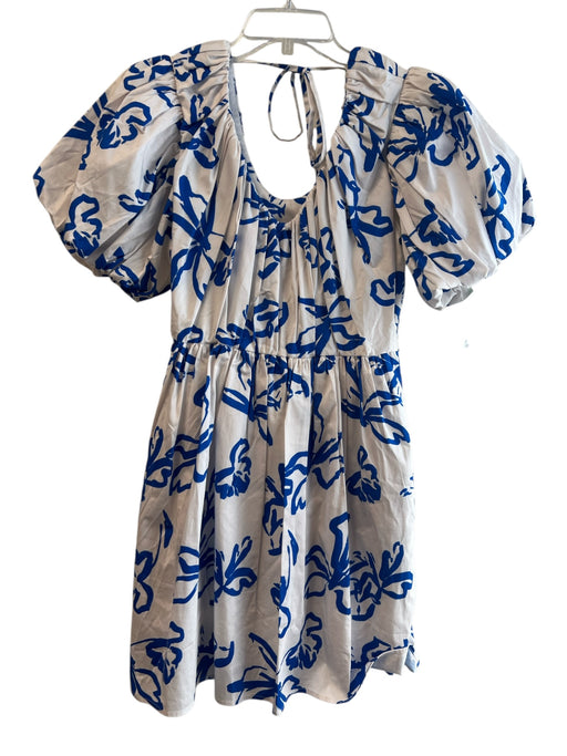 Crosby Size XS White & Blue Cotton V Neck Short Puff Sleeve Knee Length Dress White & Blue / XS
