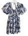 Crosby Size XS White & Blue Cotton V Neck Short Puff Sleeve Knee Length Dress White & Blue / XS