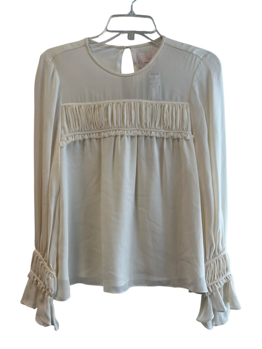 Cinq a Sept Size XS Ivory Silk Long Sleeve Ruching Front Round Neck Lined Top Ivory / XS