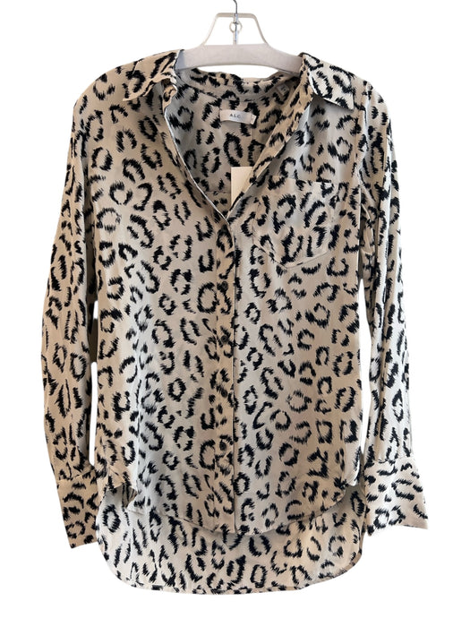A.L.C. Size 0 Beige & Black Silk Long Sleeve Collared Animal Print Top Beige & Black / 0