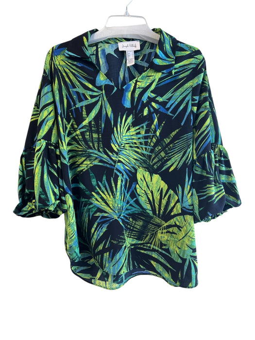 Joseph Ribkoff Size 14 Black & Green Polyester 3/4 Sleeve Palm Leaf V Neck Top Black & Green / 14