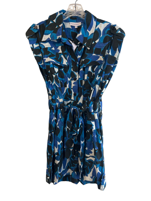 Karina Grimaldi Size Large Blue, Black & White Linen Sleeveless Collared Jumper Blue, Black & White / Large