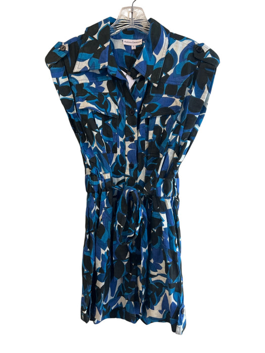 Karina Grimaldi Size Large Blue, Black & White Linen Sleeveless Collared Jumper Blue, Black & White / Large
