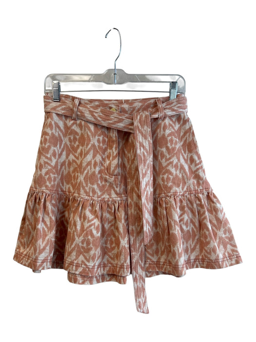 Kivari Size 6 melon & cream Cotton All Over Print Pockets Belt Ruffle Hem Skirt melon & cream / 6