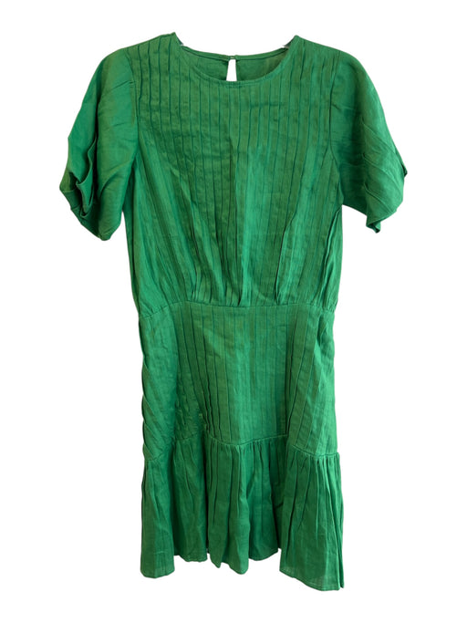 KLEID Size Medium Kelly Green Linen Open Back Zip Short Puff Sleeve Pleats Dress Kelly Green / Medium