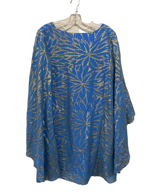 Lilly Pulitzer Size 4 Blue & Gold Silk Blend V Neck Draped Sleeve Floral Dress Blue & Gold / 4