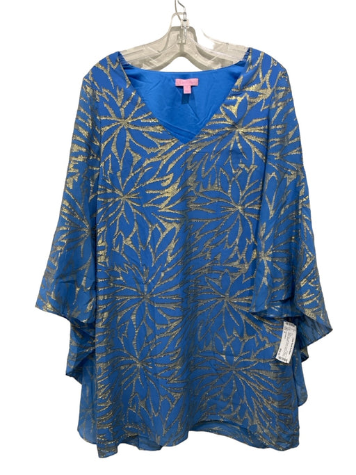Lilly Pulitzer Size 4 Blue & Gold Silk Blend V Neck Draped Sleeve Floral Dress Blue & Gold / 4