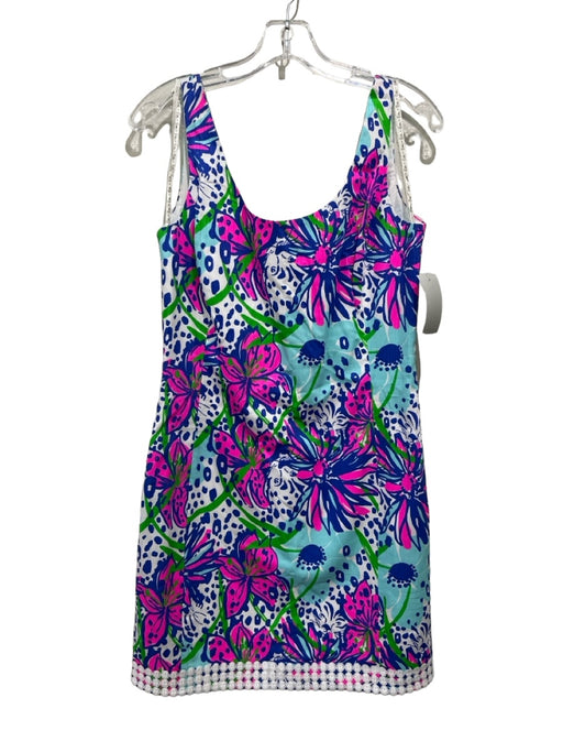 Lilly Pulitzer Size 4 Blue Green Pink Cotton Floral Sleeveless Sheath Dress Blue Green Pink / 4