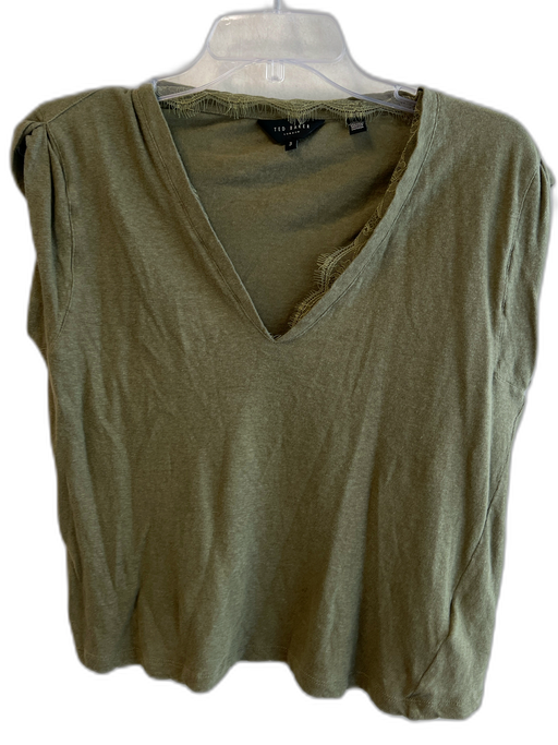 Ted Baker Size 3 Green Cotton Cap Sleeve solid color V Neck Lace Detail Top Green / 3