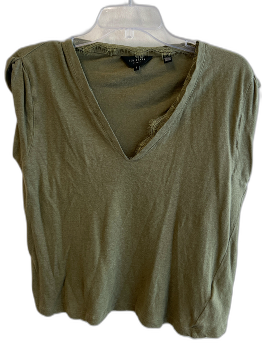 Ted Baker Size 3 Green Cotton Cap Sleeve solid color V Neck Lace Detail Top Green / 3