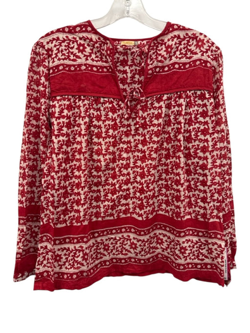 Matta Size S White & Red Cotton Long Sleeve Block Print Tie V Neck Top White & Red / S