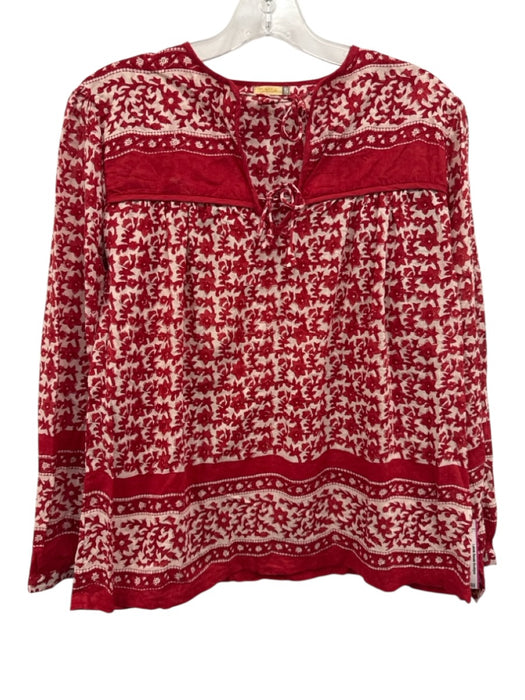 Matta Size S White & Red Cotton Long Sleeve Block Print Tie V Neck Top White & Red / S