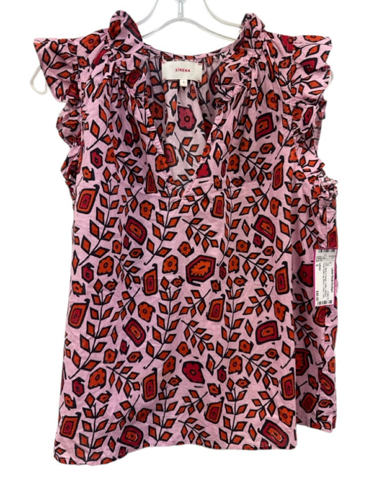 XiRENA Size S Pink, Black & Orange Cotton Abstract Floral Ruffle Cap Sleeve Top Pink, Black & Orange / S