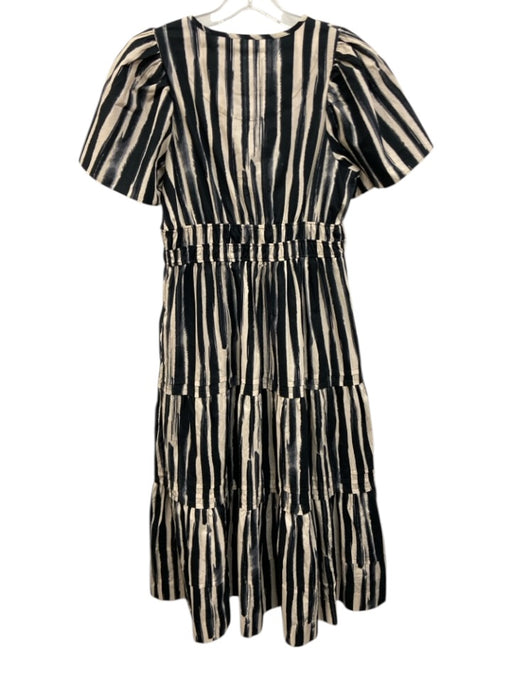 Anthropologie Size SP Black & Cream Cotton Striped Tiered Split V neck Dress Black & Cream / SP