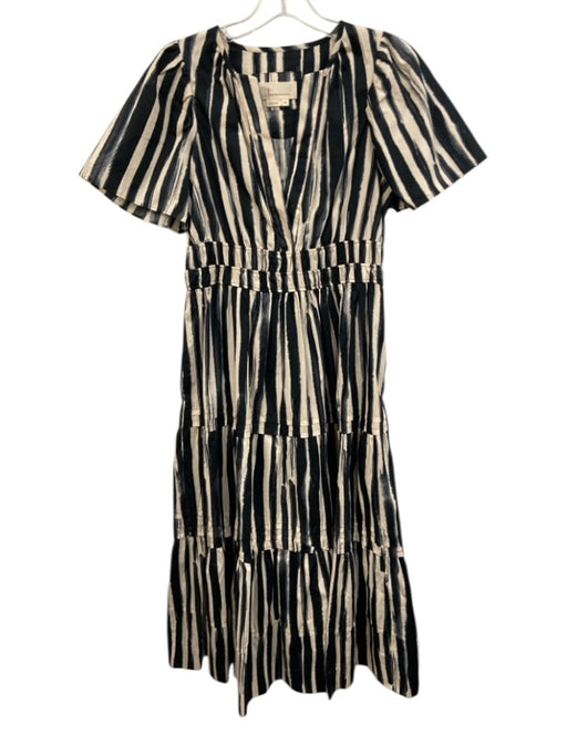 Anthropologie Size SP Black & Cream Cotton Striped Tiered Split V neck Dress Black & Cream / SP