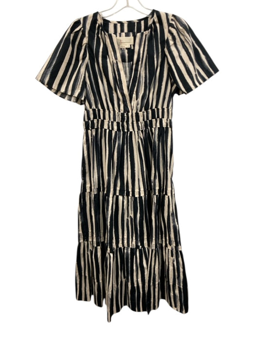 Anthropologie Size SP Black & Cream Cotton Striped Tiered Split V neck Dress Black & Cream / SP