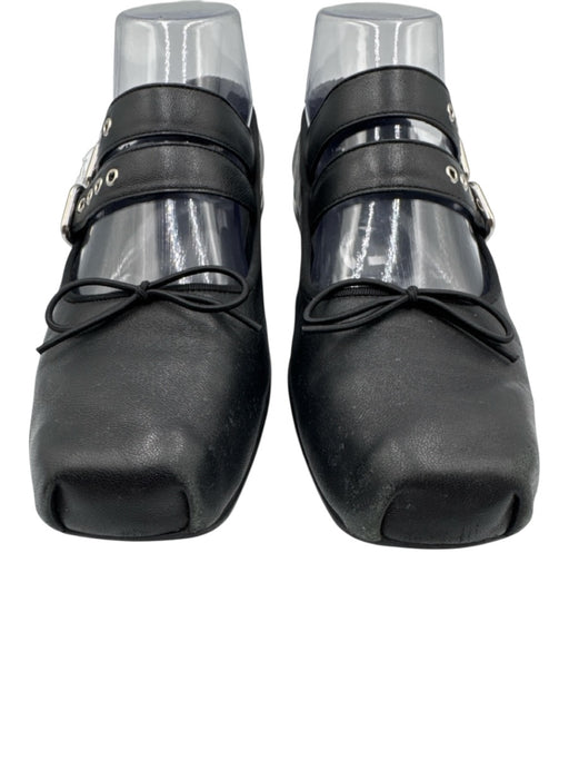 OPEN VY Shoe Size 36 Black Leather Silver Buckle Square Toe Ballet Flats Black / 36
