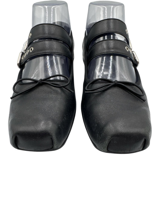OPEN VY Shoe Size 36 Black Leather Silver Buckle Square Toe Ballet Flats Black / 36