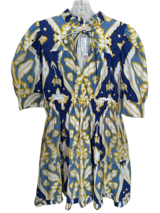 Beyond by Vera Size M Blue & Yellow Cotton Blend Lined Botanical Mini Dress Blue & Yellow / M