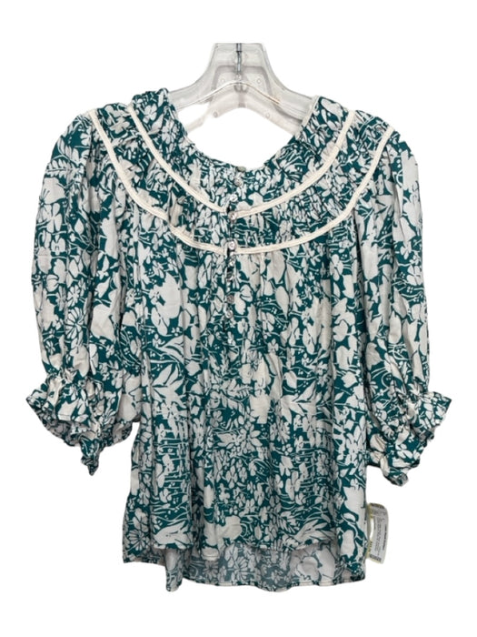 Cynthia Rowley Size S Teal & White Rayon Floral Rouched Quarter Sleeves Top Teal & White / S