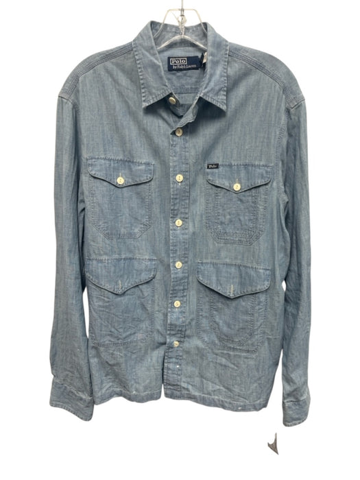 Polo Size L Light Wash Cotton Solid Button Up Front Pockets Long Sleeve Shirt Light Wash / L