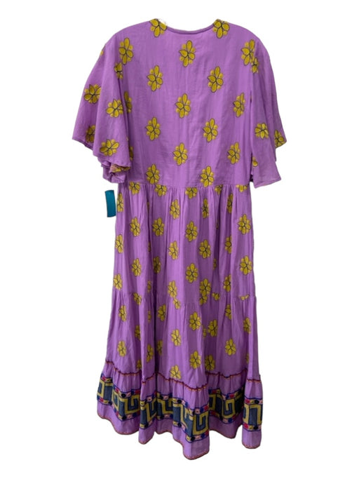 Oliphant Size S Purple & Multi Embroidered V Neck Short Flow Sleeve Tiered Dress Purple & Multi / S