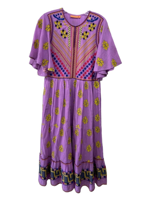 Oliphant Size S Purple & Multi Embroidered V Neck Short Flow Sleeve Tiered Dress Purple & Multi / S