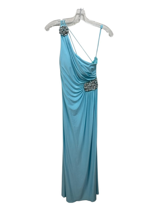 Cache Size 4 Aqua Blue Polyester One Shoulder Pearl Detail Side Zip Strappy Gown Aqua Blue / 4