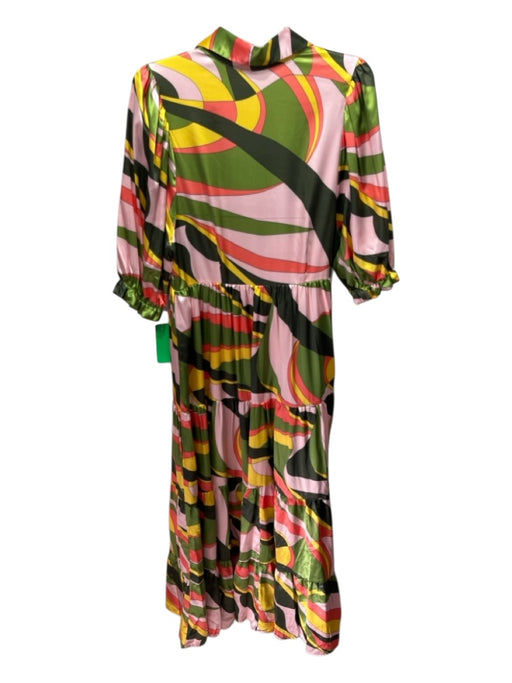 Karlie Size S Green, Yellow, Pink Polyester Collar Geometric Midi Dress Green, Yellow, Pink / S