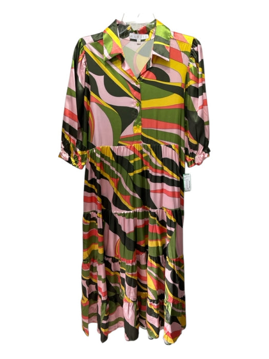 Karlie Size S Green, Yellow, Pink Polyester Collar Geometric Midi Dress Green, Yellow, Pink / S