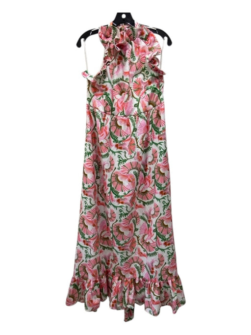 CK Bradley Size L White, Pink & Green Polyester Ruffle Neck Back Zip birds Dress White, Pink & Green / L