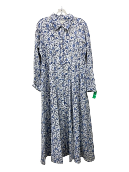 Livro Size L Blue & White Print Cotton Floral Maxi Tiered Button up Dress Blue & White Print / L