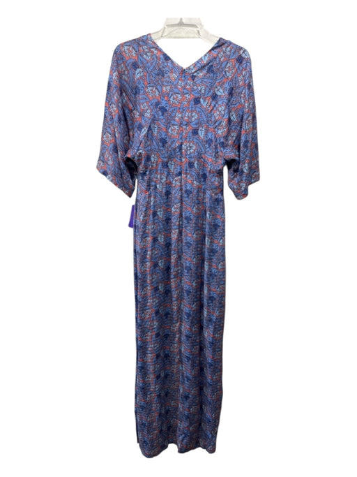 Tory Burch Size 6 Blue & Orange Silk Blend V Neck Floral Short Sleeve Maxi Dress Blue & Orange / 6