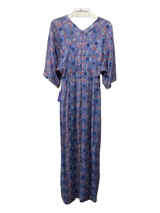 Tory Burch Size 6 Blue & Orange Silk Blend V Neck Floral Short Sleeve Maxi Dress Blue & Orange / 6