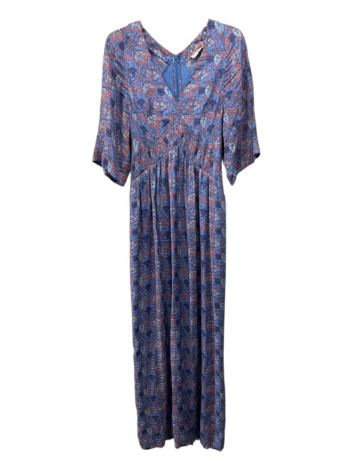 Tory Burch Size 6 Blue & Orange Silk Blend V Neck Floral Short Sleeve Maxi Dress Blue & Orange / 6