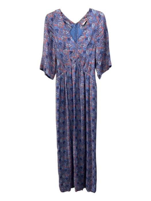 Tory Burch Size 6 Blue & Orange Silk Blend V Neck Floral Short Sleeve Maxi Dress Blue & Orange / 6