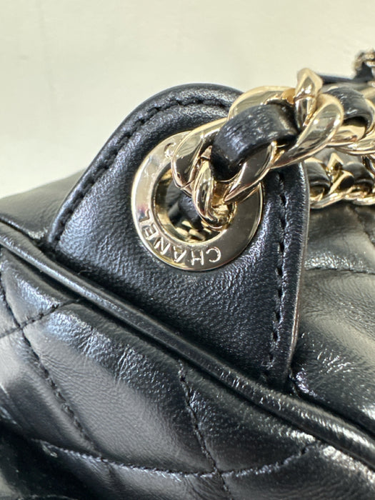 Chanel Black Leather Quilted Shinny Pockets Gold Hardware Bag