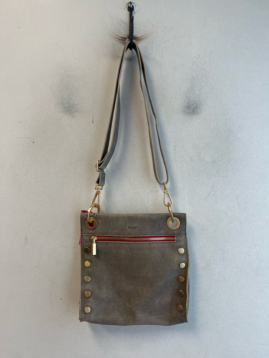Hammitt Gray & Red Leather Suede Gold Hardware Zip closure Cross Body Bag