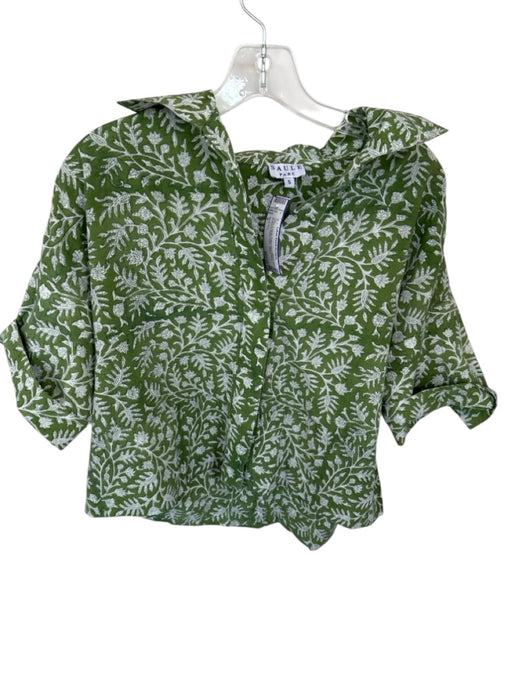 Saule Parc Size S Green & White Cotton Short Sleeve Botanical Button Down Top Green & White / S