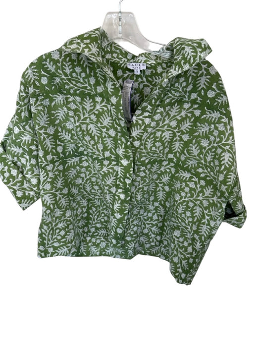 Saule Parc Size S Green & White Cotton Short Sleeve Botanical Button Down Top Green & White / S