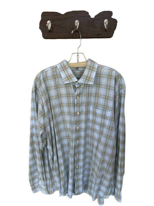Peter Millar Size XXL Taupe & Blue Print Polyester Checkered Button Down Shirt Taupe & Blue Print / XXL